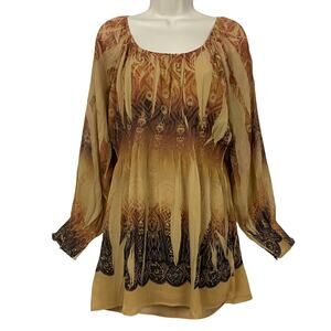 One World Tunic Top Women XL Brown Tan Boho Peasant Blouson Milkmaid Sheer Layer